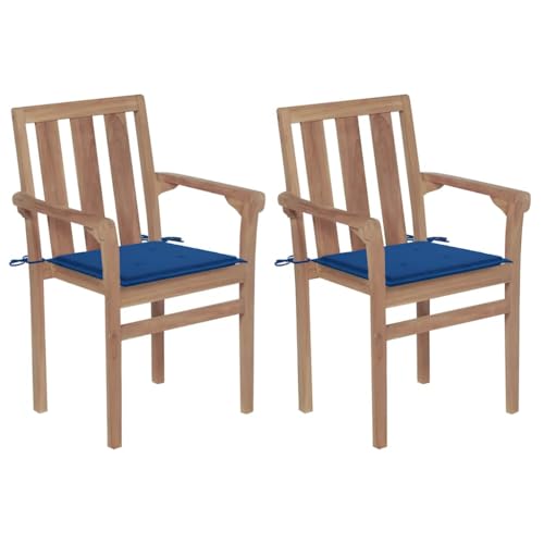 Fasba 2X Teak Massiv Gartenstuhl mit Königsblauen Kissen Gartensessel Essstuhl Sessel Stuhl Stühle Holzstuhl Gartenmöbel Gartenstühle Balkon Terrasse