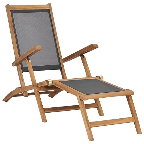 ShCuShan Outdoor-Stuhl mit Fußstütze aus massivem Teakholz, schwarz, klappbarer Liegestuhl aus Stahl | Gartenliege | Campingstuhl | 3 Höhenverstellbar