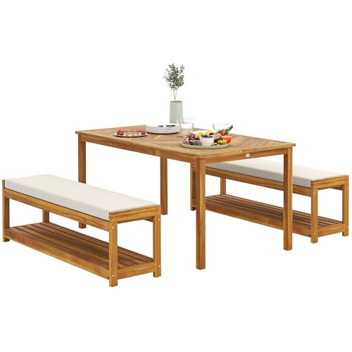 Outsunny 3 TLG. Gartenmöbel-Set Akazienholz Sitzgarnitur inkl. 1 Esstisch mit Schirmloch, 2 Bänke, Balkonmöbel-Set, Gartengarnitur für Balkon, Terrasse, Teak