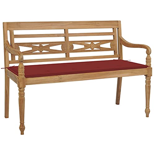 Fasba Teak Massiv Batavia Gartenbank mit Rotem Kissen Holzbank Sitzbank Parkbank Gartenmöbel Bank Balkonbank Terrassenbank Outdoor 120cm