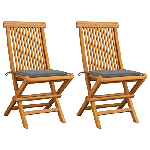 Xichuzi Gartenstühle mit Grauen Kissen, Hochlehner, Wetterfest Stuhl, Campingstühle, Lehnstühle, Garden Chair, 2 STK. Massivholz Teak
