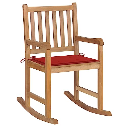Xichuzi Schaukelstuhl mit Rotem Kissen, Sessel Wohnzimmer, Schaukelsessel, Stillsessel, Schwingsessel, Tv Sessel, Ohrensessel, Relaxsessel, Rocking Chair, Massivholz Teak