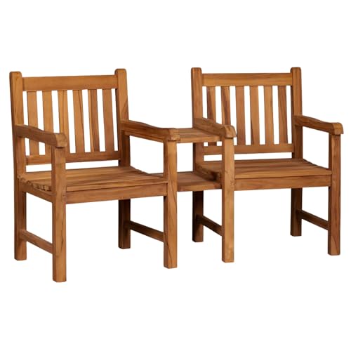 MR. DEKO Gartenbank wetterfest Feierabend | 2-Sitzer Sitzbank mit Tisch Holz | Balkonmöbel aus Teakholz | Hochwertige Parkbank für Garten & Terrasse | 2-Einzelsitze 160x57x94cm Massivholz Bank