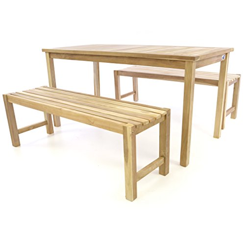 Divero Garten- & Picknick-Set Sitzgruppe Gartenmöbel-Garnitur 3-teilig 1 Tisch 2 Bänke behandelte unbehandelte Oberfläche Teak-Holz massiv 150 135 cm wählbar (150 cm, Teak Natur)