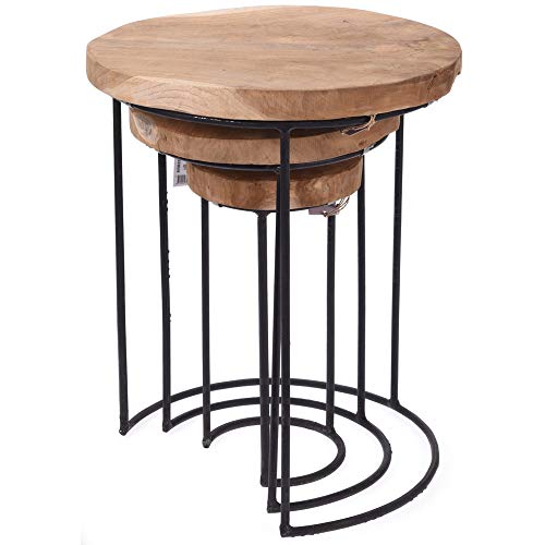 EMAKO Beistelltisch 3er Set klein deko rund holz Holztisch Balkontisch stapelbar Tisch Gartentisch Kaffeetisch Esstisch aus natürlichem Teakholz