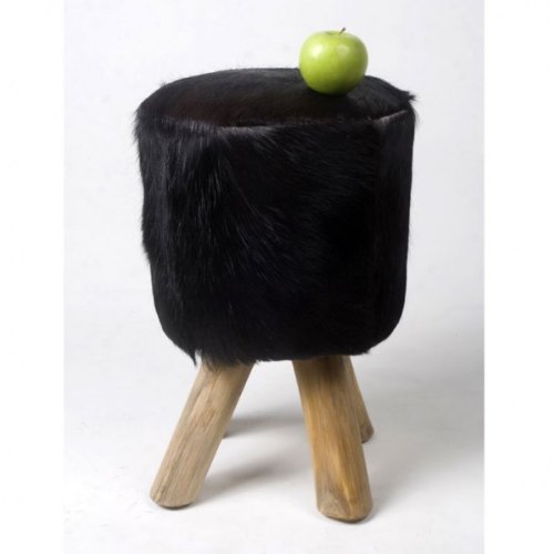 wohnfreuden Hocker Fell Ziege Teak-Holz 42 cm Stuhl Natur Sitzmöbel schwarz