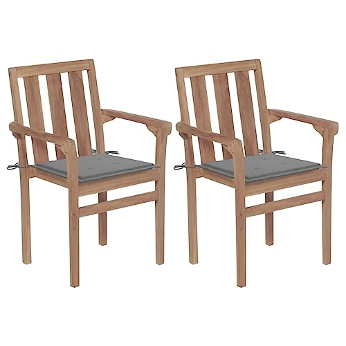 Youuihom Garten-Freizeitstuhl Lounge-Stuhl Stühle für draußen Gartenstühle 2 STK. mit Grauen Kissen Teak Massivholz Geeignet für Rasen, Strand, Swimmingpool, Garten, Rasenflächen