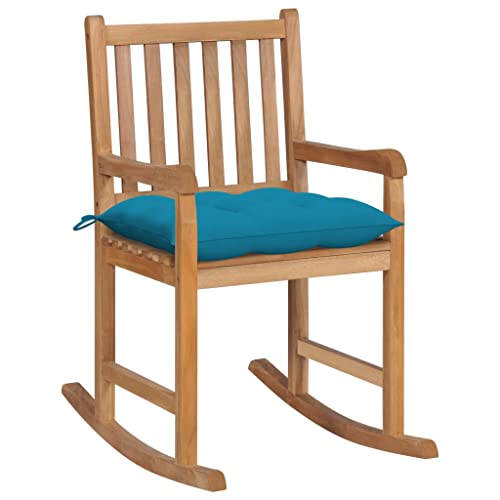 UTSRABFA Stühle für draußen Terrassenstuhl Gartenstühle Esszimmerstühle Schaukelstuhl mit Hellblauem Kissen Massivholz Teak Geeignet für Garten, Rasen, Strand, Terrasse