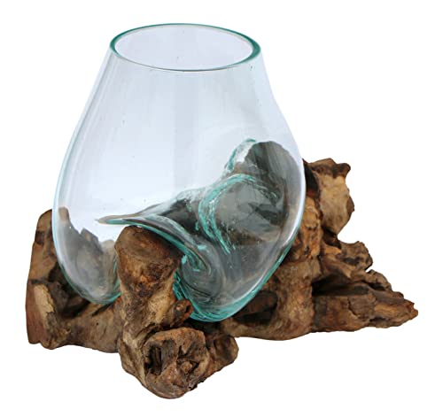 Geschenk-Idee für Weihnachten, Geburtstag als Deko Gamal Glas-Vase Ø Glas 10-11 cm auf Wurzel-Holz Teakholz SS