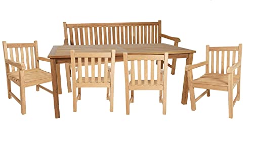Rattanland | Gartenmöbel Set “Lombardia” aus Teakholz mit einem Tisch, 4 Sesseln und Einer Bank V-legal zertifiziertes Holz