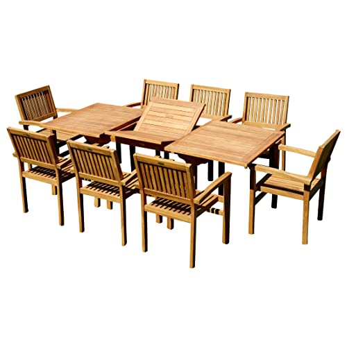 ALEOS. Teak Set: Gartengarnitur Ausziehtisch 150-210 cm x 90 cm + 8 Miami Sessel stapelbar 9-TLG. Essgruppe aus Teakholz