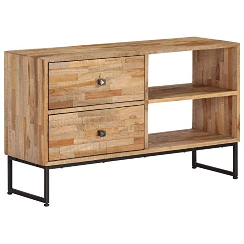 tidyard TV-Schrank aus Teakholz und Stahl im Retro- und industriellen Stil, Mit 2 Schubladen und 2 F?chern, 90 x 30 x 55 cm, Seitenschrank, Sideboard, Lowboard