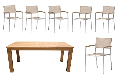 acamp Set 6X Stapelsessel & Gartentisch | Edelstahl, Acatex-Gewebe | Wetterfest, FSC®-Zertifiziert | Sand and Teak Farben| Vintage-Look | Maße: Sessel 56x57x89cm, Tisch 180x90cm