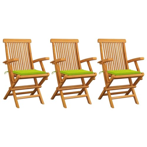 Fasba Gartenstuhl Gartensessel Sessel Stuhl Gartenmöbel Holzstuhl Stühle Balkonstuhl Terrassenstuhl Gartenstühle mit Hellgrünen Kissen 3 STK. Massivholz Teak