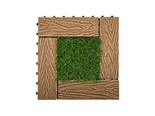 Belladoor WPC Terrassenfliese Teak mit Kunstrasen | 30 x 30 cm | 22 mm stark | Klickfliese | Holzoptik