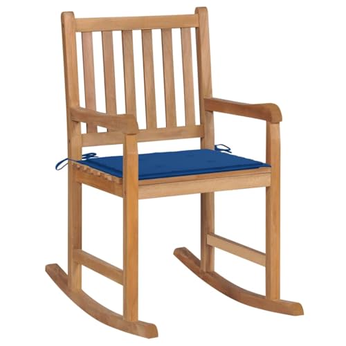 LAPOOH Schaukelstuhl mit Königsblauem Kissen, Sessel Wohnzimmer, Schaukelsessel, Stillsessel, Schwingsessel, Tv Sessel, Ohrensessel, Relaxsessel, Rocking Chair, Massivholz Teak