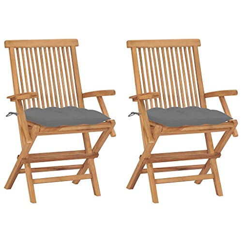 UTSRABFA Stühle für draußen Terrassenstuhl Gartenstühle Esszimmerstühle Gartenstühle mit Grauen Kissen 2 STK. Massivholz Teak Geeignet für Garten, Rasen, Strand, Terrasse