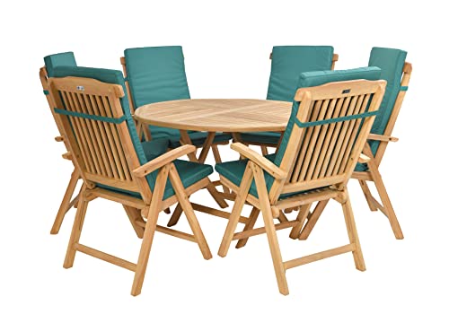 Rattanland® Gartenmöbel Set Holz, Klappbar Gartentisch mit 6 Stühlen (FSC® - zertifiziertes Teakholz) mit Kissen - Möbelsets, Ausziehbar Gartentisch Rund, Möbel für Garten, Garden Furniture Sets