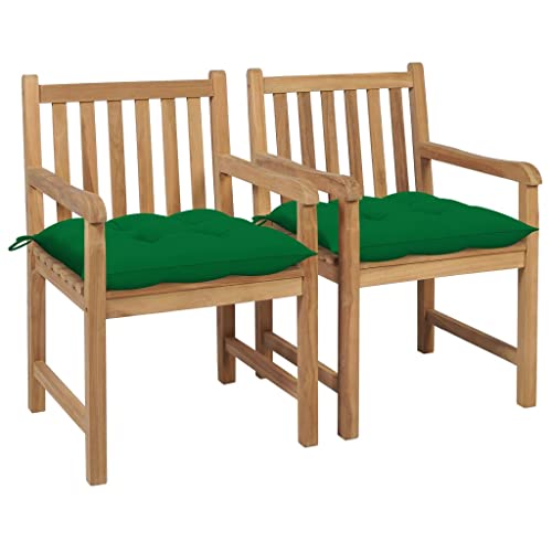 Youuihom Terrassenstuhl Konversationsstuhl Stühle für draußen Gartenstühle 2 STK. mit Grünen Kissen Massivholz Teak Geeignet für Rasen, Strand,Sonnenzimmer, Rasenflächen