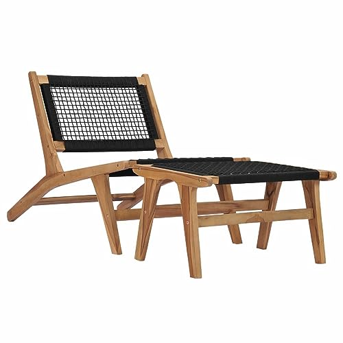 Sonnenliege mit Fußstütze aus massivem Teakholz und Seil, Gartenliege, Outdoor-Stuhl, Gartenbett