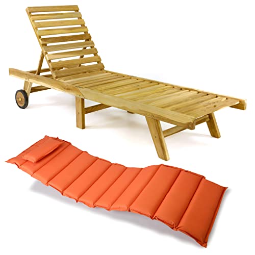 Divero Sonnenliege mit Auflage Set - Relax-Liege Holzliege Gartenliege Teakholz Natur inkl. Räder, verstellbares Kopfteil, Auflage orange