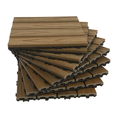 Terrassenfliesen aus Holz-Kunststoff-Verbundwerkstoff (3D-Teakholz, 9 Stück), ineinandergreifende Terrassenfliesen, Bodenfliesen, wasserabweisend, für drinnen und draußen, 30,5 x 30,5 cm