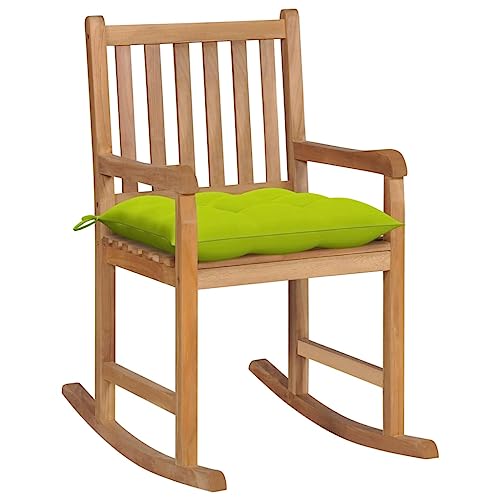 Owoxanthellate Schaukelstuhl Teak Massivholz 58x92,5x106 cm mit hellgrünem Sitzkissen, wetterfeste Gartenstuhl Konstruktion, Lattendesign für Balkon Terrasse und Lounge