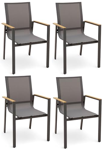 ALEOS. Gartenstuhl mit Armlehne Gartensessel Stapelstuhl Stapelsessel Sessel Trinidad Aluminium Textilgewebe Teak stapelbar, Größe:4 Stück