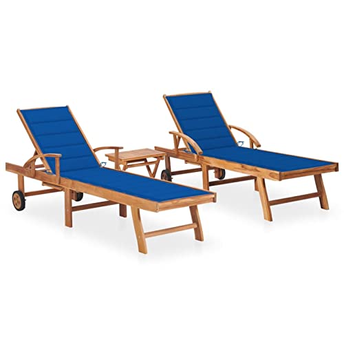 Homgoday Sonnenliegen 2 Stück mit Tisch und Kissen aus massivem Teak, Möbel, Sonnenliegen, Schlafsofa, Gartenliegen, Pool-Liegen, Sonnenliege für den Garten x