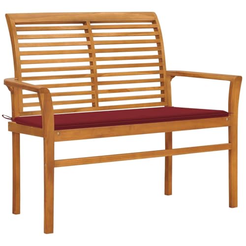 JHQHSM Gartenbank mit Weinroter Auflage, Bank für den Garten Sitzbank Outdoor Gartenbank Holz Outdoorbank Bank im freien Geeignet für Hinterhof Terrasse Garten 112 cm Massivholz Teak