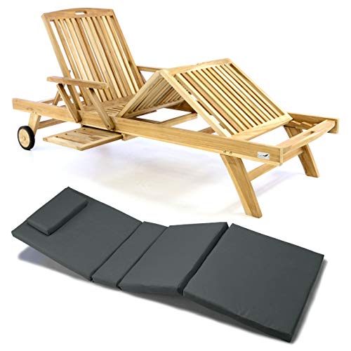 Nexos Trading Divero Sonnenliege Holzliege Gartenliege Teak-Holz unbehandelt mehrfach verstellbar inkl. Räder Tablett + Liegen-Auflage 4-teilig wasserabweisend (Farbe wählbar) (Anthrazit)