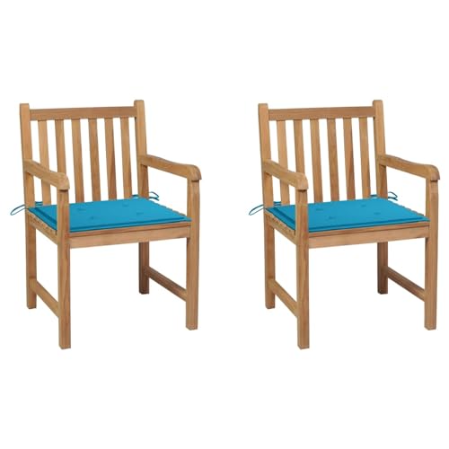 Xichuzi Gartenstühle 2 STK. mit Blauen Kissen, Gartenmöbel, Balkonstühle, Hochlehner, Balkonmöbel, Bistrostuhl, Balkonset, Garten Stühle, Sit Möbel, Armlehnenstuhl, Massivholz Teak