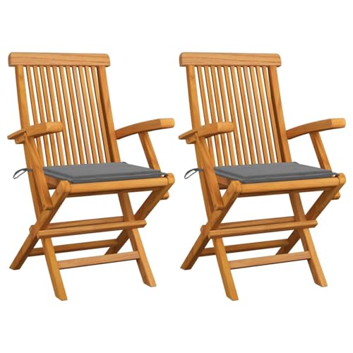 Xichuzi Gartenstühle mit Grauen Kissen, Gartenmöbel, Balkonstühle, Hochlehner, Balkonmöbel, Bistrostuhl, Garten Stühle, Sit Möbel, Armlehnenstuhl, 2 STK. Massivholz Teak