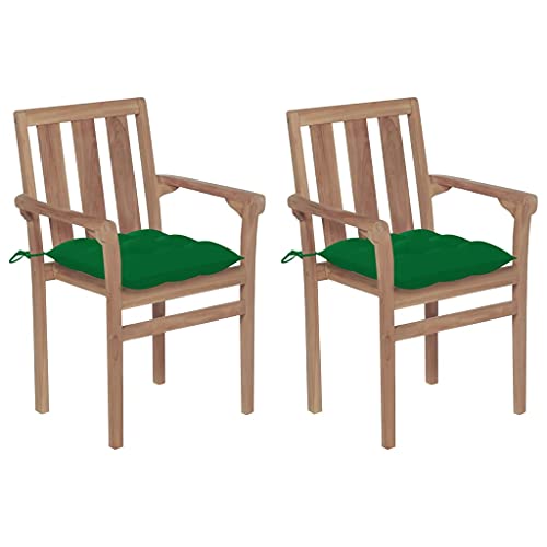 Youuihom Garten-Freizeitstuhl Lounge-Stuhl Stühle für draußen Gartenstühle 2 STK. mit Grünen Kissen Massivholz Teak Geeignet für Rasen, Strand, Swimmingpool, Garten, Rasenflächen