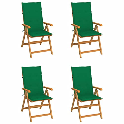 Tidyard 4X Teak Massiv Gartenstuhl mit Grünen Kissen Klappbar Hochlehner Klappstuhl Gartensessel Holzstuhl Stuhl Stühle Gartenstühle,Rückenlehne In 7 Positionen verstellbar