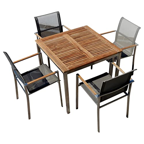 ALEOS. Gartengarnitur Gartenstühle und Tisch Sitzgruppe 5-teilig aus Edelstahl Batyline Bespannung massives A-Grade Teak Holz Set: Tisch 90x90 cm + 4 Sessel Serie Kuba-BRAUN Gastroqualität