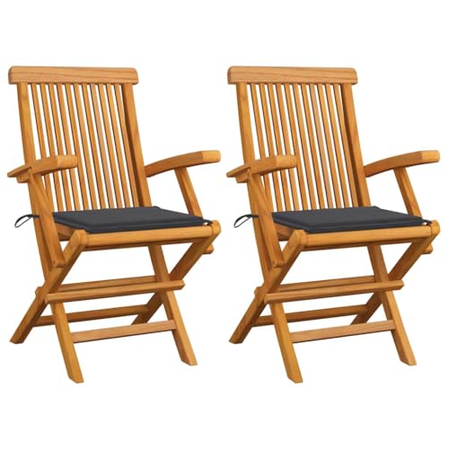 vidaXL 2X Teak Massiv Gartenstuhl mit Anthrazit Kissen Armlehnen Gartenstühle Klappstuhl Klappstühle Holzstuhl Gartenmöbel Stuhl Stühle
