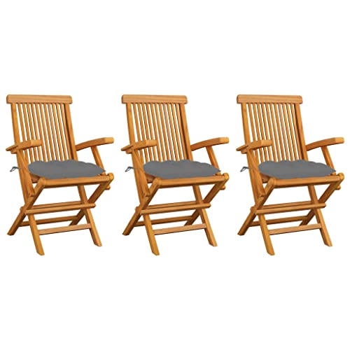 Myheimly Gartenstühle mit Grauen Kissen 3 STK. Massivholz Teak