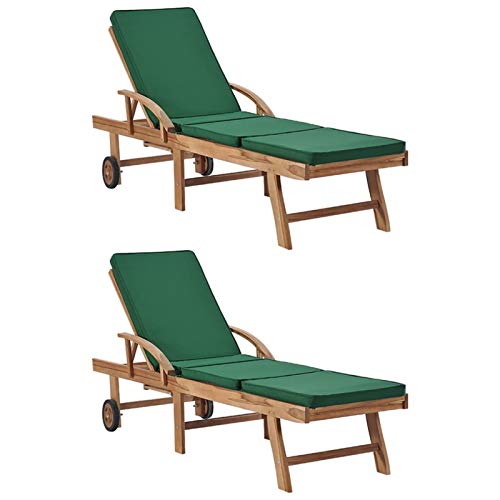 Tidyard 2 STK. Sonnenliege mit Auflage und Ausziehbaren Tisch Verstellbar Holzliege Gartenliege Liege Relaxliege Liegestuhl Strandliege Gartenmöbel Massivholz Teak Grün