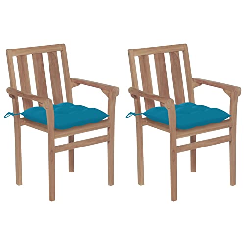 Fasba 2X Teak Massiv Gartenstuhl mit Hellblauen Kissen Stapelbar Holzstuhl Sessel Stuhl Stühle Gartenmöbel Gartensessel Stapelstuhl Essstuhl