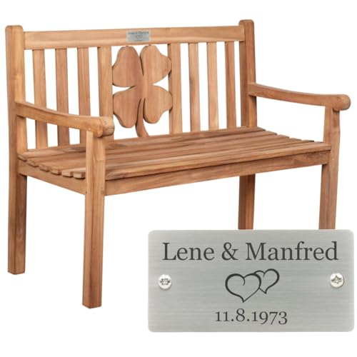 Sterngraf Bank zur goldenen Hochzeit mit Gravur-Schild zB Herzen (Namen/Datum), Gartenbank Kleeblatt 120cm Teakholz, Edelstahlschild personalisiert Geschenk-Idee 50. Hochzeitstag/Goldhochzeit