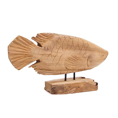 CREEDWOOD Fisch SKULPTUR Root Fish | Teakholz, 55 cm | Wurzelholz Figur, Treibholz Skulptur, Holz Fisch auf Sockel, Maritime Deko Figur, Fisch Aufsteller mit Schnitzereien