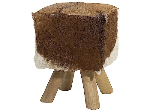 Schöner Hocker Lammfell Teakholz Braun/Weiß Boho-Stil Dalton