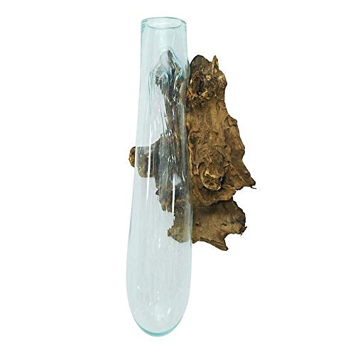 CRISTALICA Wandscmuck Vase Glas Teak-Holz-Wurzel handgefertigt 65 cm Unikat
