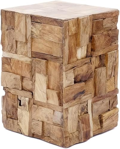 Brillibrum Design | Teakholz Beistelltisch | Treibholzhocker Teakholz | Handmade | Teak Hocker Mosaik | 45 x 30 x 30 cm (H x B x T)