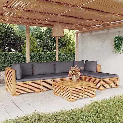 IKAYAA Gartenlounge XXL Holz Loungemöbel Holz Lounge Sofa Outdoor Holz Garten loungemöbel Set Holz Sitzecke Balkon Ecksofa Sofagarnitu mit Kissen Massivholz Teak-Dunkelgrau-6-tlg-Typ 2