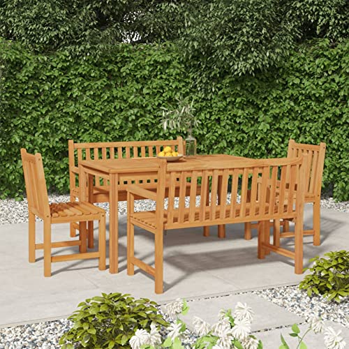 Tidyard 5-TLG. Garten Essgruppe Holz, Sitzgarnitur, Gartengarnitur, Biergartengarnitur, Terrassenmöbel Set 6 Personen, Gartenmöbel Set, Tisch 2 x Bank und 2 x Stuhl, Massivholz Teak